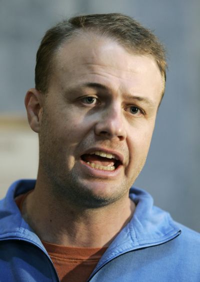 Citizen initiative activist Tim Eyman talks to reporters Monday, March 3, 2008 at the Capitol in Olympia, Wash. Eyman says his initiative to toss out Sound Transit’s car-tab taxes and instead tax every vehicle in the state at $30 has failed to collect enough signatures and will not be on the ballot next year. (Ted S. Warren / AP)