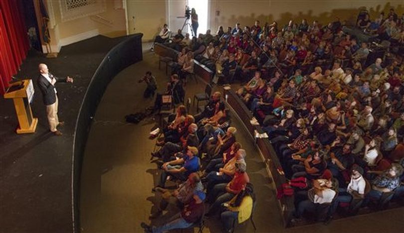 Evan McMullin, who was accompanied by running mate Mindy Finn, speaks at the Boise High School auditorium on Saturday, Oct. 22. McMullin is an independent candidate for president. (AP/Idaho Statesman / Darin Oswald)