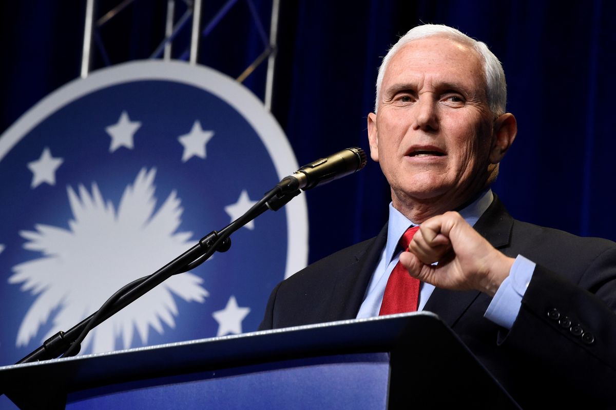 In his first public speech since leaving office, former Vice President Mike Pence speaks at a dinner hosted by Palmetto Family on Thursday, April 29, 2021, in Columbia, S.C.  (Meg Kinnard)