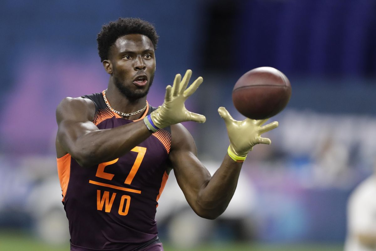 West Virginia wide receiver Gary Jennings runs a drill during the NFL football scouting combine, Saturday, March 2, 2019, in Indianapolis. (Darron Cummings / Associated Press)