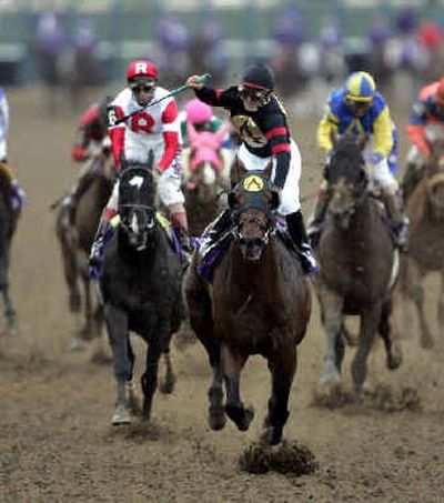 
Jockey Javier Castellano raises his right arm in celebration as he guides winner Ghostzapper across the finish line at the Breeders' Cup Classic. 
 (Associated Press / The Spokesman-Review)