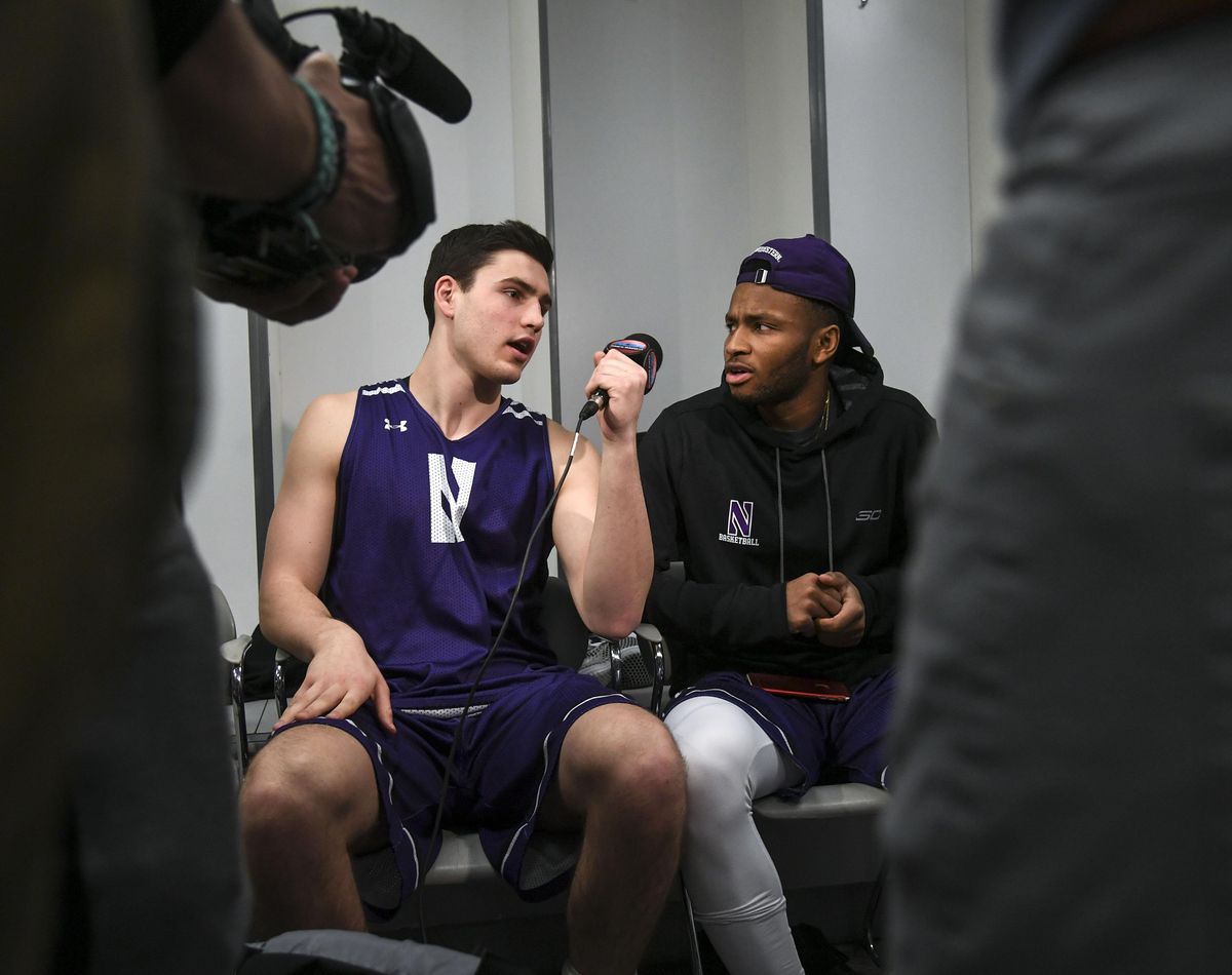 Northwestern forward Charlie Hall, son of actress and comedian Julia Lewis-Dreyfus, left, mock interviews teammate Isiah Brown, of Seattle, on Friday as the Wildcats prepared to play Gonzaga on Saturday in Salt Lake City. (Dan Pelle / The Spokesman-Review)