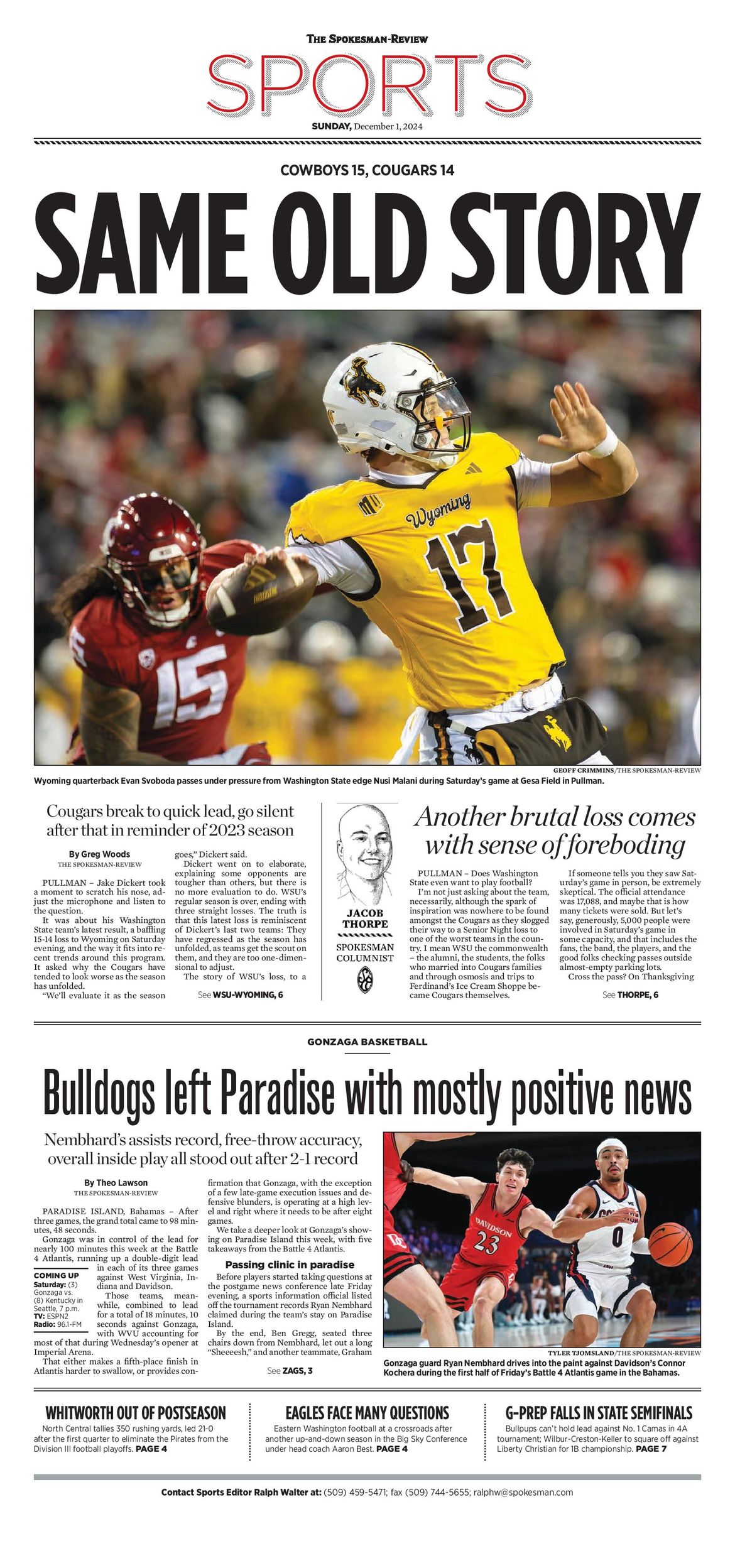 Sports Front Page for Dec. 1, 2024 The SpokesmanReview