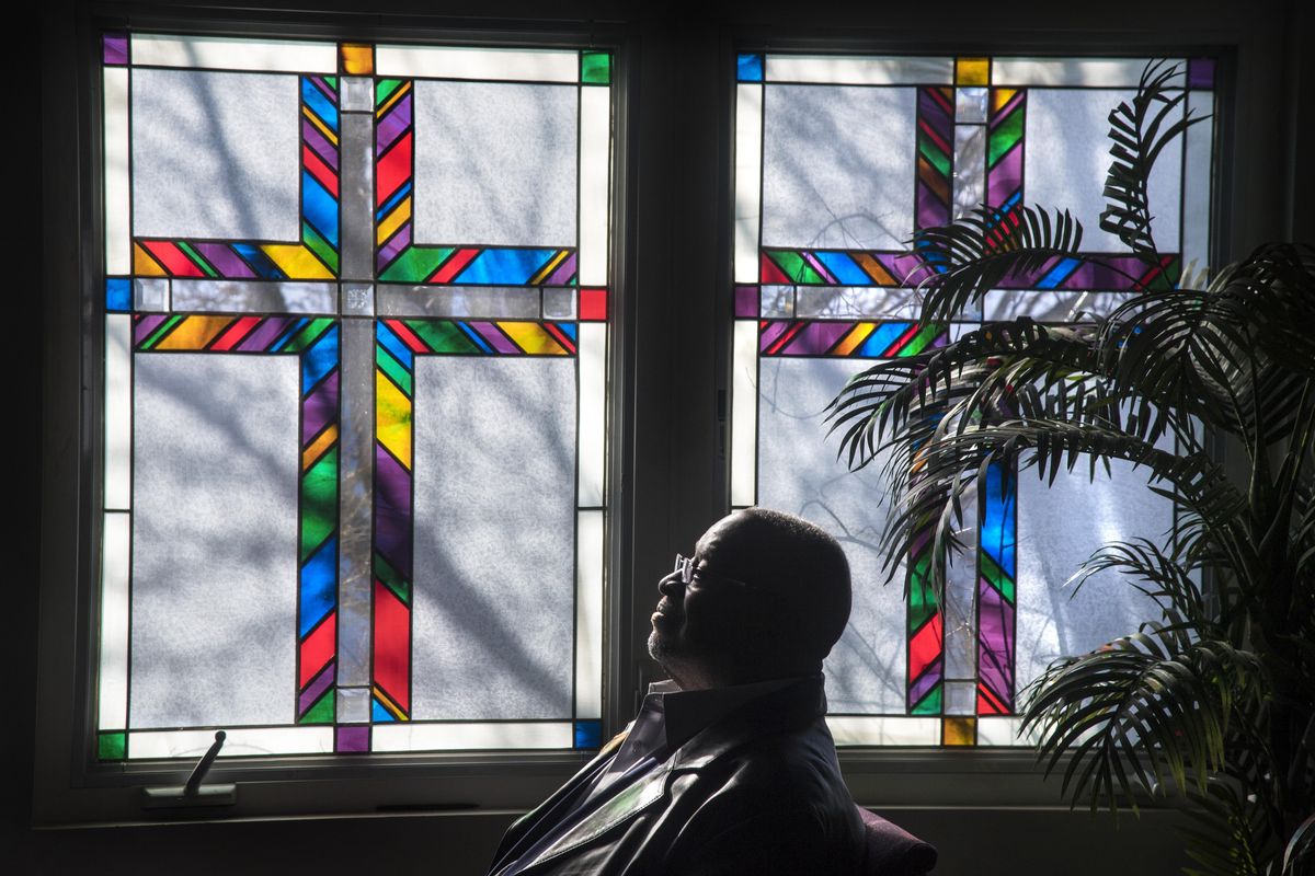 Percy “Happy” Watkins is retiring as pastor of the New Hope Baptist Church. Here he visits the Veredale United Church of Christ for a gathering of Faith Leaders & Leaders of Conscience on Feb. 21 in Spokane Valley. (Dan Pelle / The Spokesman-Review)