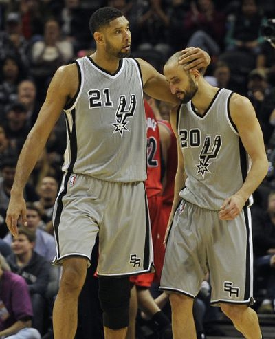 San Antonio Spurs stars Tim Duncan, left, and Manu Ginobili will take on the Thunder today. (Associated Press)