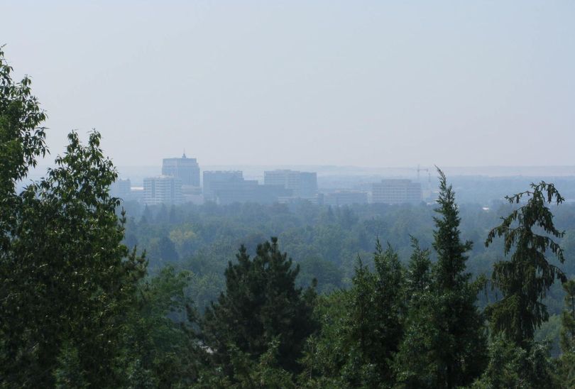 Downtown Boise sits under a haze of wildfire smoke mid-day on Wednesday (Betsy Russell)
