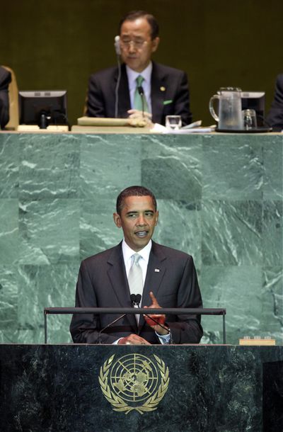 President Barack Obama addresses the Summit on Climate Change on Tuesday as U.N. Secretary-General Ban Ki-moon listens at the United Nations.  (Associated Press / The Spokesman-Review)