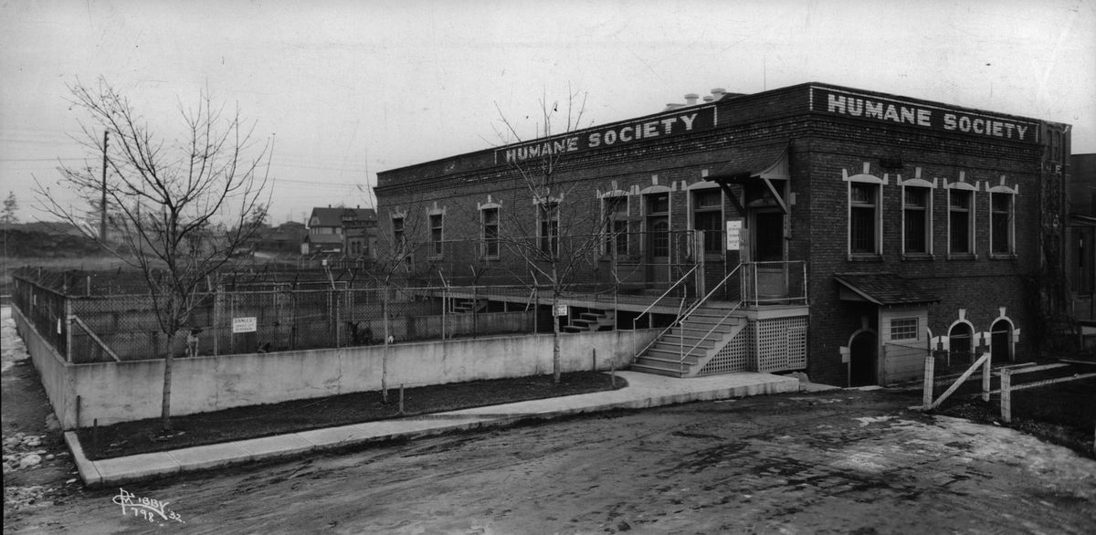 1932: The Spokane Humane Society dog pound building once sat on the north bank of the Spokane River next to the Spokane Flour Mill. It was built in 1910 and served as the city pound for more than 50 years. The city of Spokane took over enforcing animal laws and catching stray animals in 1961. The Humane Society continues as a private animal welfare organization, caring for animals and assisting in their adoption by people who would like a pet.  (Charles Libby/ The Spokesman-Review Photo Archive)