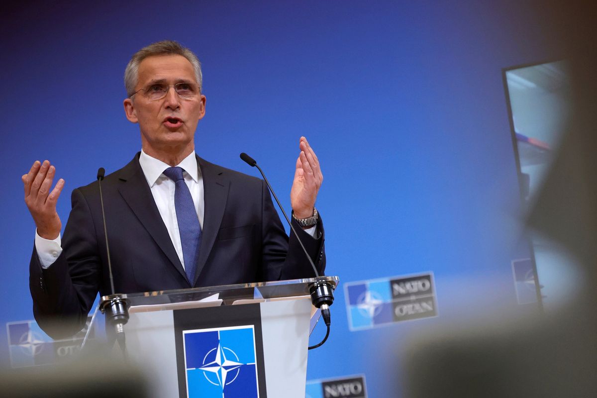 NATO Secretary General Jens Stoltenberg speaks during a media conference after a meeting of the NATO-Ukraine Commission at NATO headquarters in Brussels, Tuesday, Feb. 22, 2022. World leaders are getting over the shock of Russian President Vladimir Putin ordering his forces into separatist regions of Ukraine and they are focusing on producing as forceful a reaction as possible. Germany made the first big move Tuesday and took steps to halt the process of certifying the Nord Stream 2 gas pipeline from Russia. (Olivier Matthys)