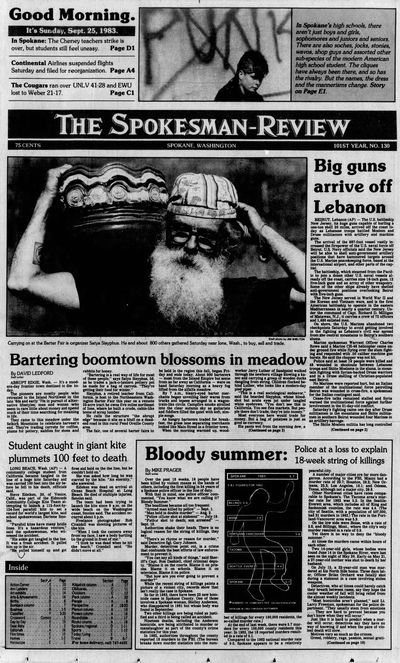 September 25, 1983 -- Bloody summer: Police at a loss to explain 18-week string of killings. Over the past 18 weeks, 16 people have been killed by violent means at the hands of others, including the first killing in 54 years of a Spokane police officer in the line of duty. With that in mind, one police officer commented, 