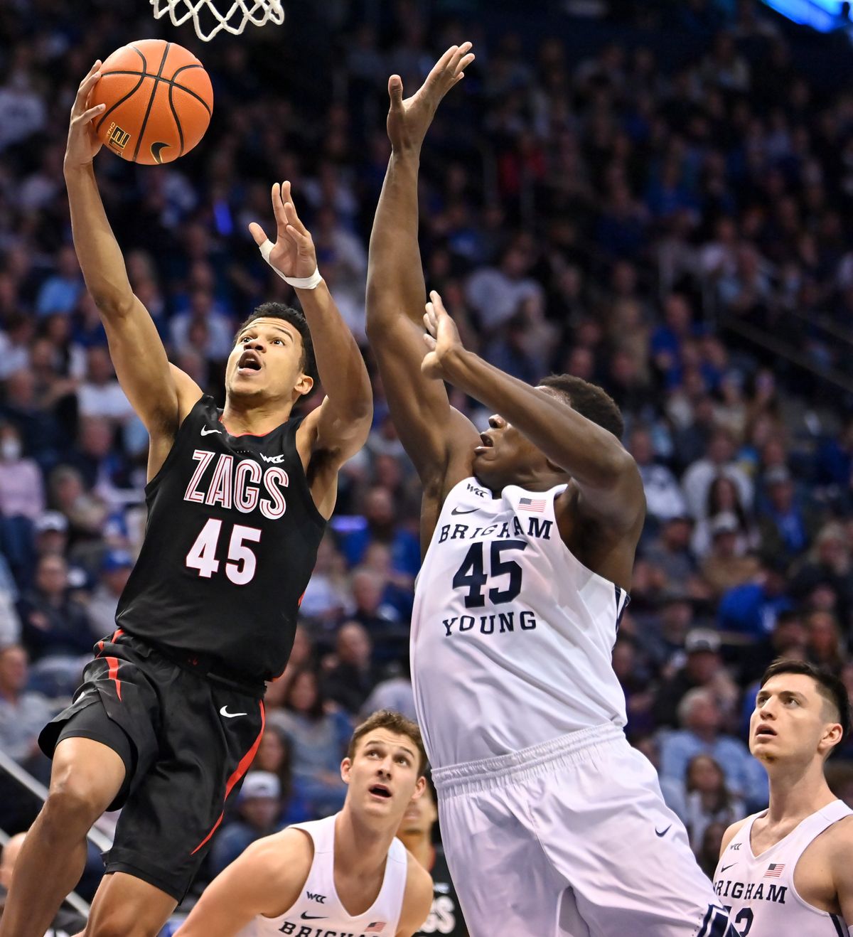 Gonzaga guard Rasir Bolton, scoring against BYU on Feb. 5, averaged 11.2 points and 2.3 assists per game last season.  (Tyler Tjomsland/The Spokesman-Review)