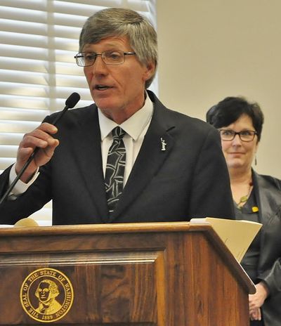 OLYMPIA – House Appropriations Chairman Timm Ormsby, D-Spokane, explains the details of the proposed 2017-19 operating budget at a press conference Monday as Finance Chairwoman Kristine Lytton, D-Anacortes, waits to explain some of the tax proposals. (Jim Camden / The Spokesman-Review)