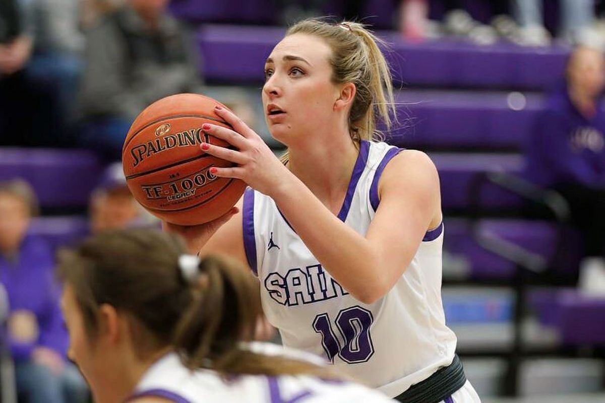 Carroll College guard/forward Christine Denny prepares to shoot a free throw. Denny, a Liberty High School graduate, was named NAIA All-American honorable mention for 2021-22.  (Courtesy Carroll College Athletics)