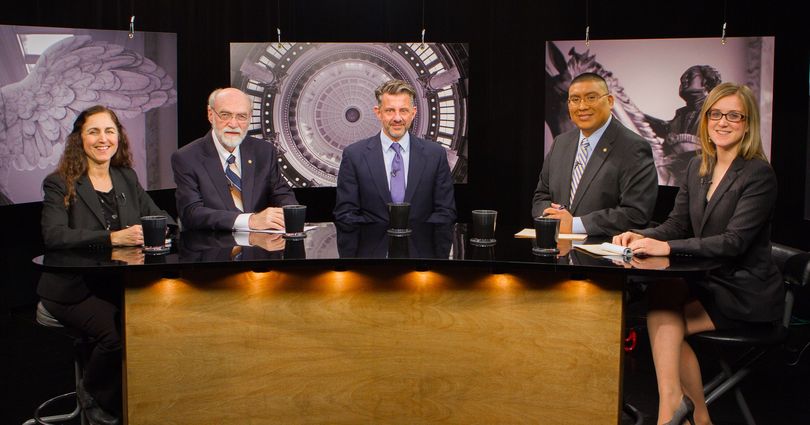 From left, Betsy Russell, Jim Weatherby, Bill Dentzer, and co-hosts Aaron Kunz and Melissa Davlin on Idaho Public TV's 