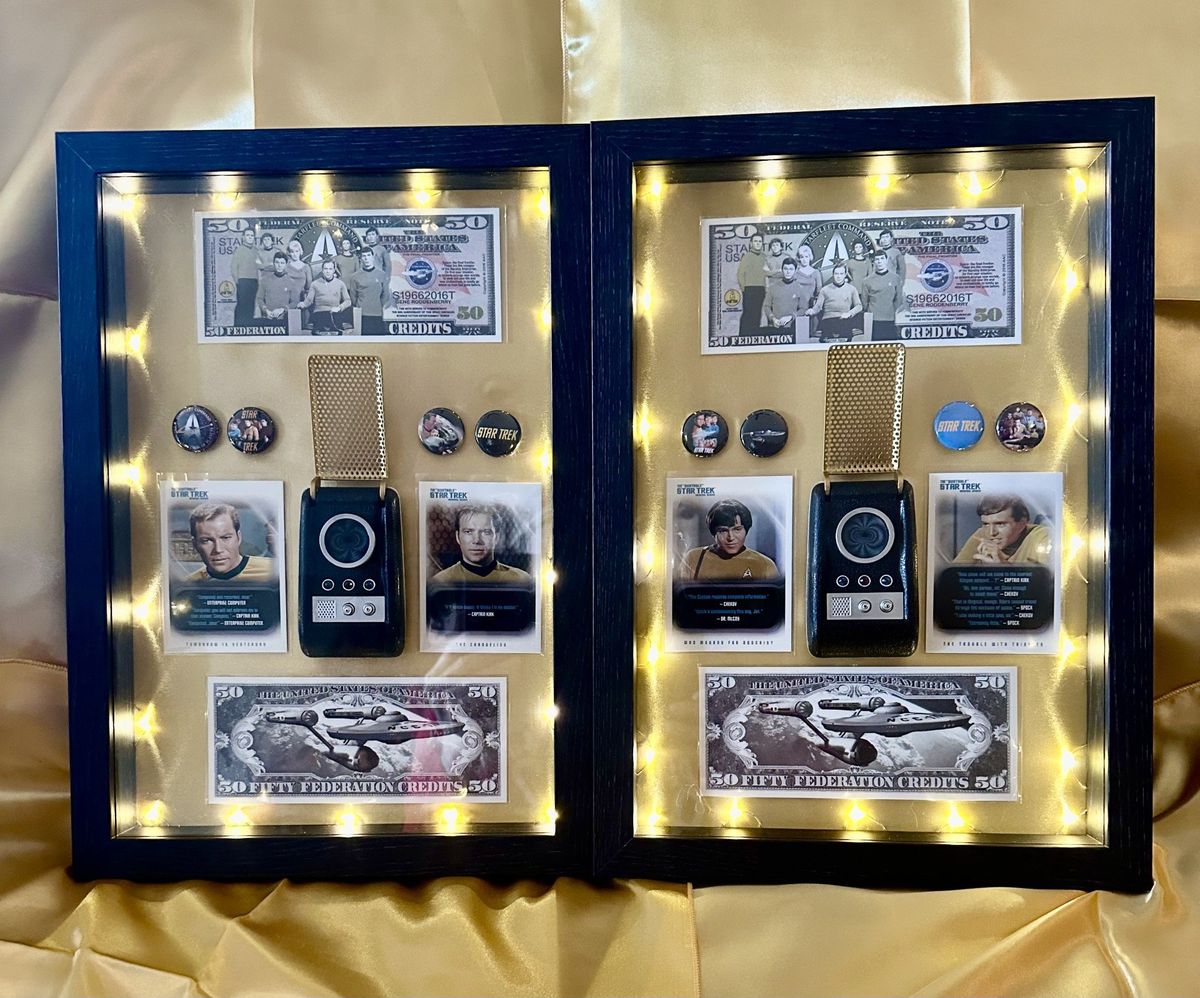 Handcrafted shadow boxes Cynthia Reugh presented to William Shatner and Walter Koenig at the Washington State Summer Con in Puyallup. (Cynthia Reugh/For The Spokesman-Review)