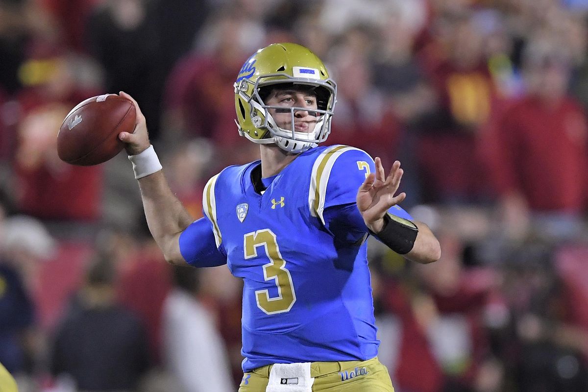 In this Saturday, Nov. 18, 2017 file photo, UCLA quarterback Josh Rosen passes during the first half of an NCAA college football game against Southern California in Los Angeles. UCLA quarterback Josh Rosen is skipping his senior season to enter the NFL draft. Rosen made the expected announcement Wednesday, Jan. 3, 2018 with a post on Twitter. He is expected to be a high first-round pick in April. (Mark J. Terrill / Associated Press)