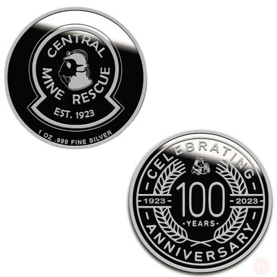 Central Mine Rescue’s commemorative coin features the original logo on one side and a special 100-year anniversary design on the other. Thirteen-hundred coins were sold as a fundraiser for the family of a miner who died in a job accident earlier this year. 