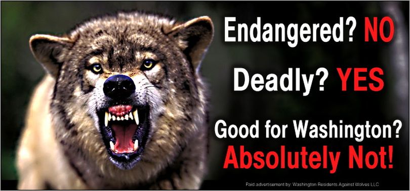 An example of a billboard in a campaign announced in November 2014 targeting the Spokane area by a group called Washington Residents Against Wolves. 