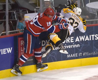 Jacob Cardiff, left, one of five overage players on the team, was placed on waivers by the Spokane Chiefs on Monday. (Jesse Tinsley / The Spokesman-Review)