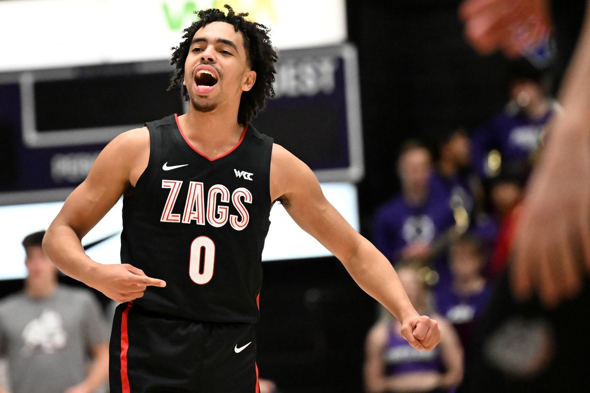 Gonzaga’s Ryan Nembhard celebrates after the Bulldogs scored and drew a foul during Thursday’s West Coast Conference game at the Chiles Center in Portland.  (Tyler Tjomsland/The Spokesman-Review)