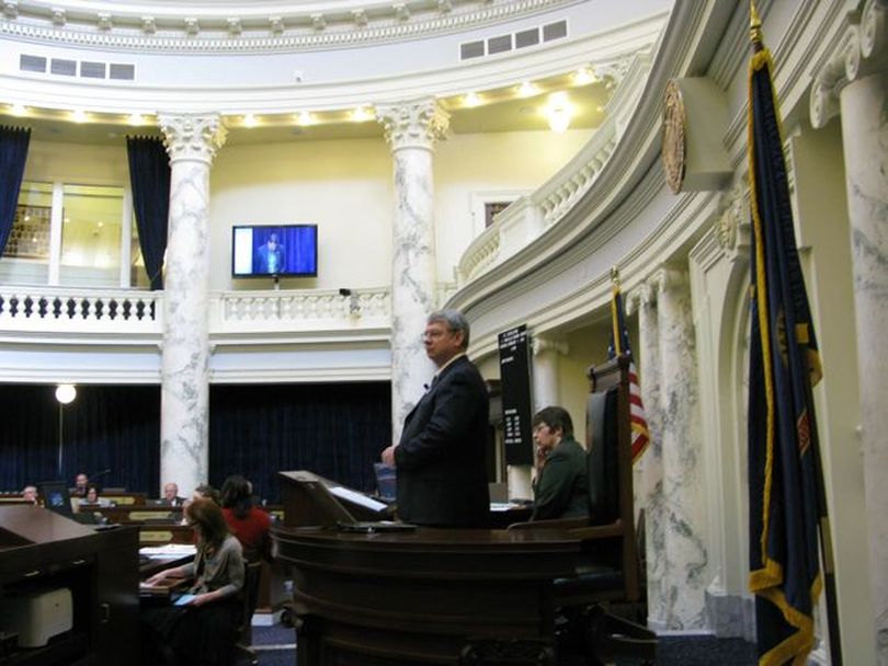 House Speaker Lawerence Denney presides over the House on Tuesday, which rejected, on a 31-35 vote, legislation to raise a $10 fee on offenders to support the state's POST academy to $11.50; all members of House GOP leadership opposed the bill, which Majority Caucus Chair Ken Roberts argued opened the door to fee increases to offset budget cuts. (Betsy Russell)