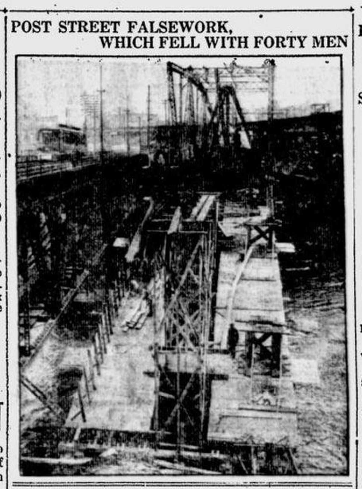 Tragedy struck at the Post Street bridge construction project when the “falsework” – temporary framework – collapsed sending up to 30 workers into the icy torrent, the Spokane Daily Chronicle reported on Feb. 6, 1917. (Spokesman-Review archives)