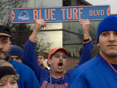 
A Boise State fan shows support in downtown Boise. 
 (Associated Press / The Spokesman-Review)