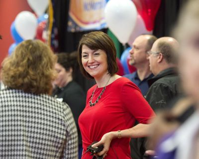 Cathy McMorris Rodgers visits with supporters before her campaign kick off at the Davenport Grand Hotel, March 31, 2016, in Spokane, Wash. (Dan Pelle / The Spokesman-Review)