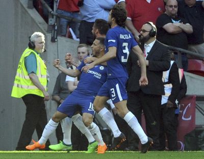 Chelsea’s Eden Hazard celebrates with teammates after scoring during the first half of the English FA Cup final soccer match between Chelsea and Manchester United at Wembley Stadium in London, England, Saturday, May 19, 2018. (Rui Vieira / Associated Press)