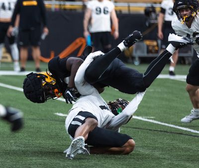 Idaho defensive back Aaron Kinsey makes a tackle during the Vandals’ spring scrimmage Saturday at the Kibbie Dome in Moscow, Idaho. (Courtesy of Idaho Athletics)