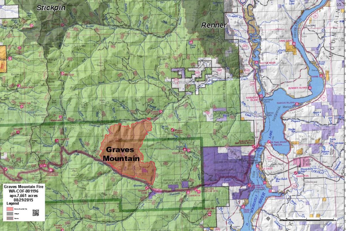 Graves Mountain Fire, the main fire in the 2015 Colville Complex fires, will be moved to management overseeing the the Kettle Complex Fires on Aug. 31. Graves Mountain Fire continues to expand and is largely uncontained on Aug. 30 while other fires in the Colville Complex -- Gold Hill and Marble Valley -- are nearly contained. (U.S. Forest Service)