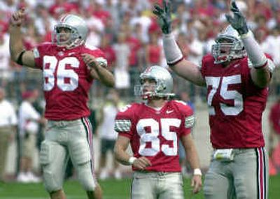 
Ohio State kicker Mike Nugent (85) beat Marshall with this boot and is one of the few reliable kickers in college football. 
 (Associated Press / The Spokesman-Review)
