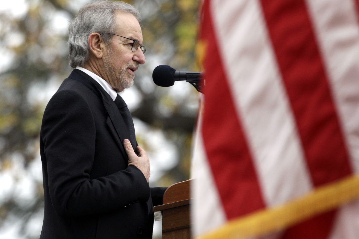 Director Steven Spielberg speaks at a ceremony to mark the 149th anniversary of President Abraham Lincoln