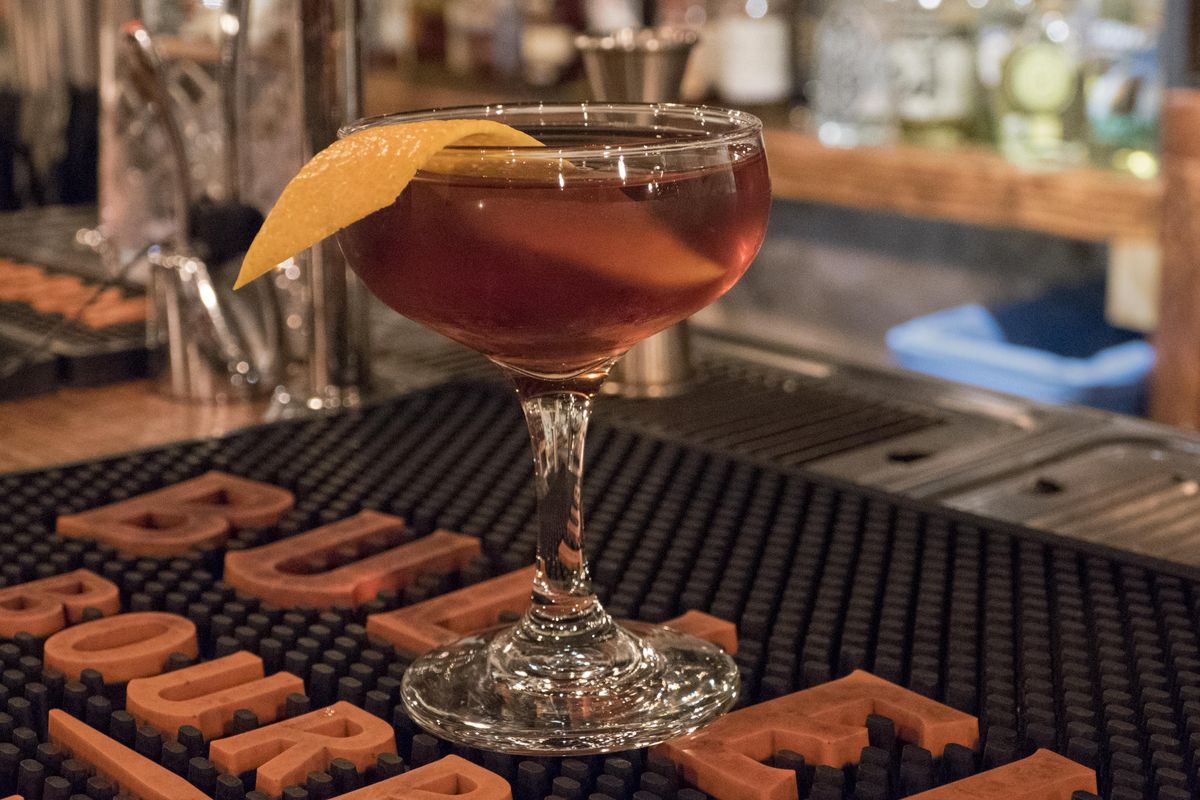 Bartender Simon Moorby made this Martinez cocktail, said to be the father of the martini cocktail, from a recipe that dates back to the 1880s. (Jesse Tinsley / The Spokesman-Review)