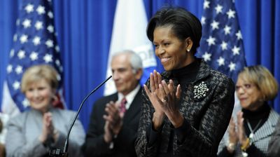 First lady Michelle Obama visits the Transportation Department in Washington, D.C., Friday.  (Associated Press / The Spokesman-Review)