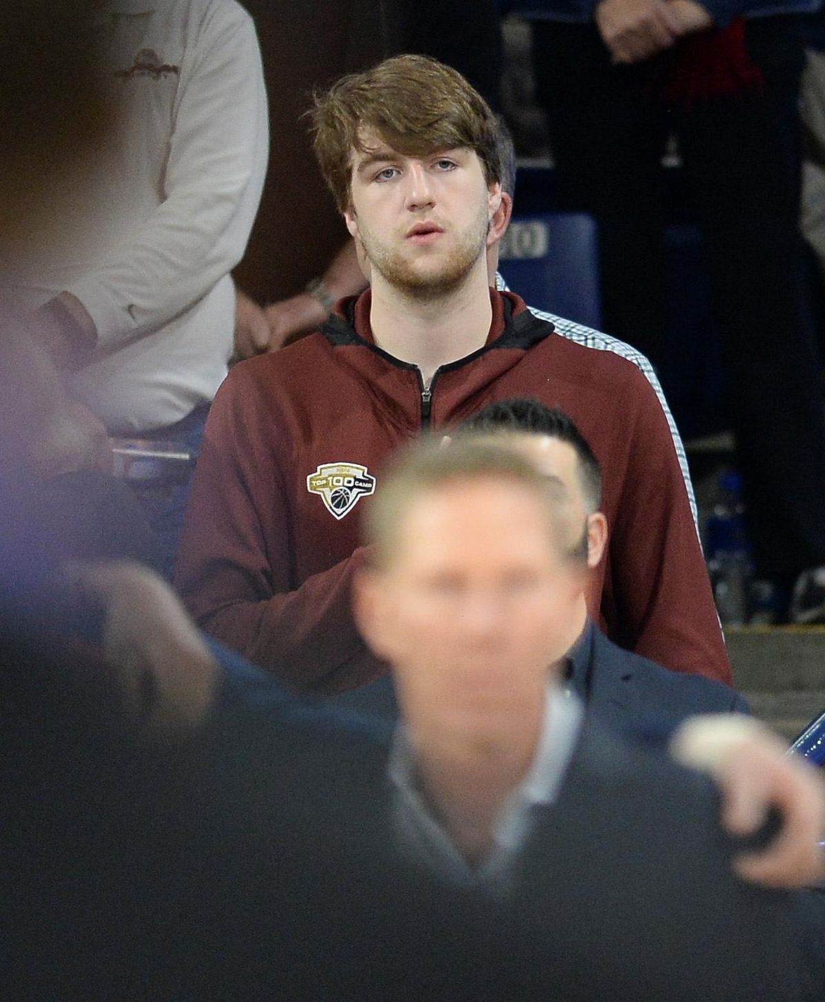 Gonzaga recruit Drew Timme watches from behind the Bulldogs’ bench during Wednesday’s 81-79 home victory over Washington  at the McCarthey Athletic Center. (Dan Pelle / The Spokesman-Review)