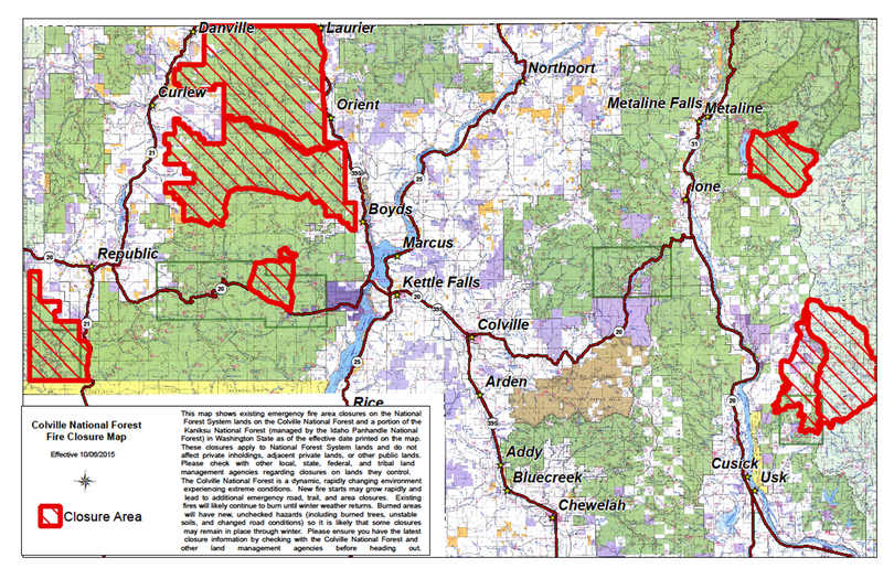 Wildfire access closures on the Colville National forest are being reduced, but some are are still in place in early October  2015. (U.S. Forest Service)