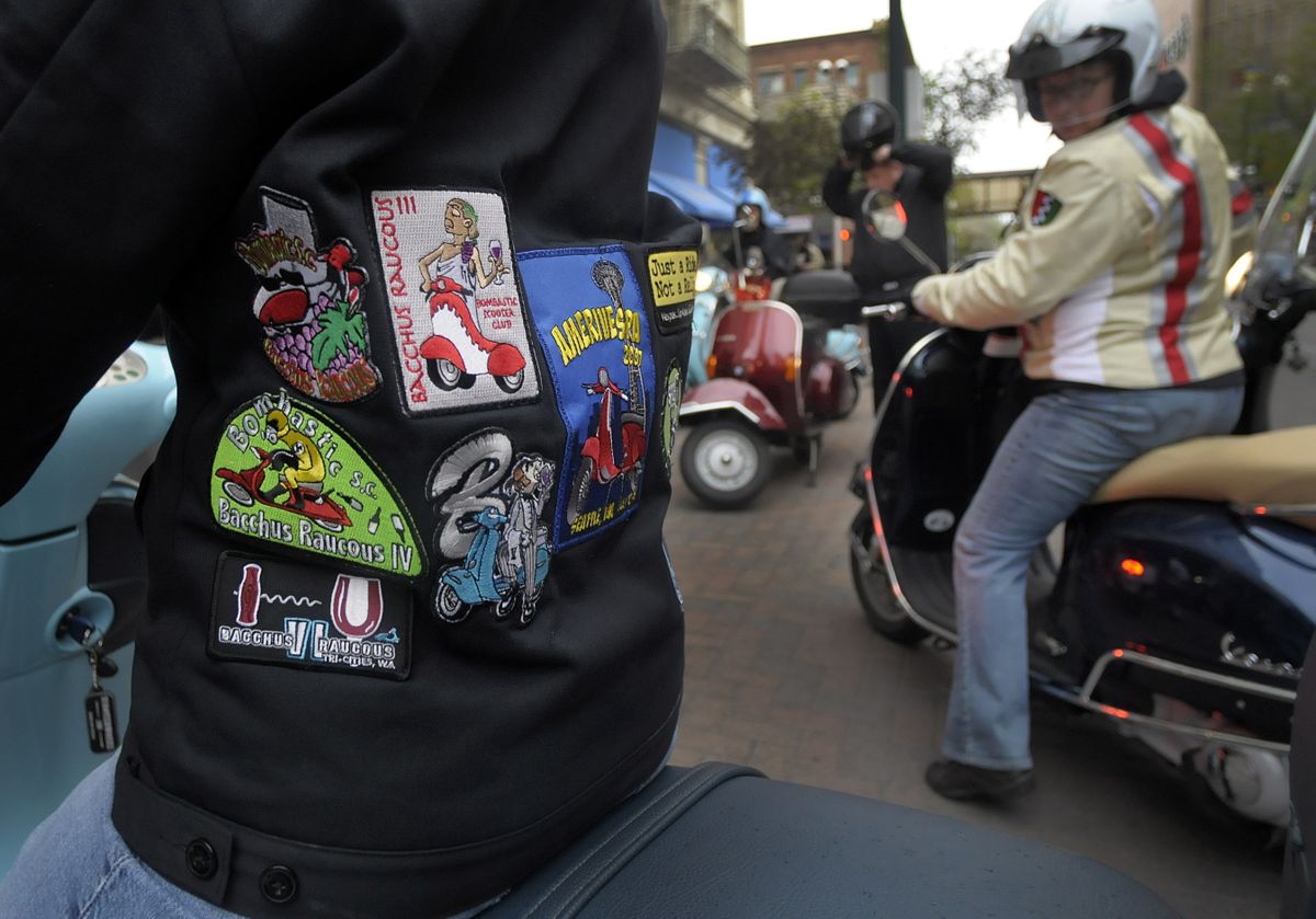 Patches commemorate some of the rides put on by the Spokane Minions Scooter Club Wednesday.  (Christopher Anderson / The Spokesman-Review)