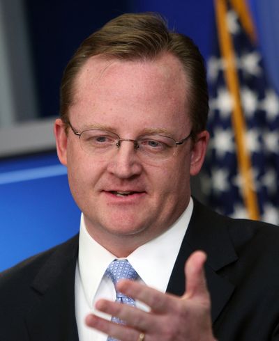 White House Press Secretary Robert Gibbs speaks Tuesday, Feb. 3, 2009, during his daily press briefing in the White House Pressroom.  (Associated Press)