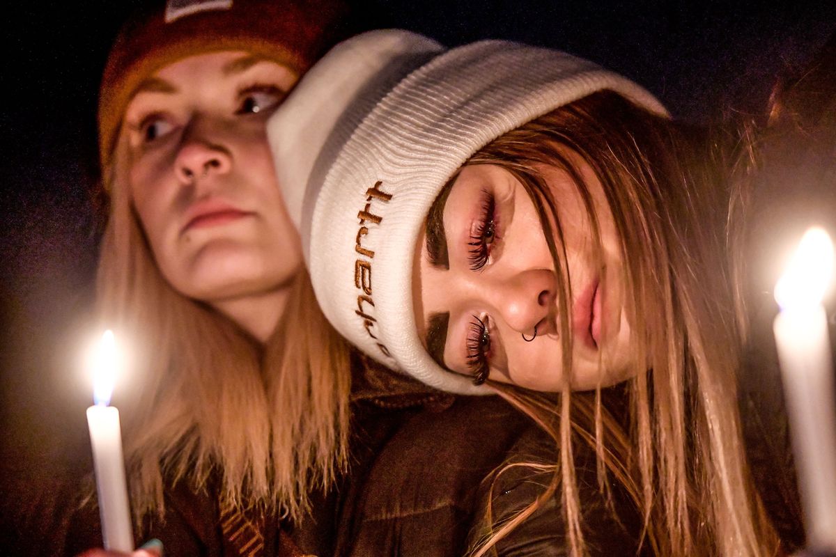 “We were friends,” says Lacy McElwain, right, as she and Mya Nagrone attend a vigil in Coeur d’Alene on Nov. 16 for four students killed at University of Idaho: Madison Mogen, Kaylee Goncalves, Ethan Chapin and Xana Kernodle.  (Kathy Plonka/The Spokesman-Review)