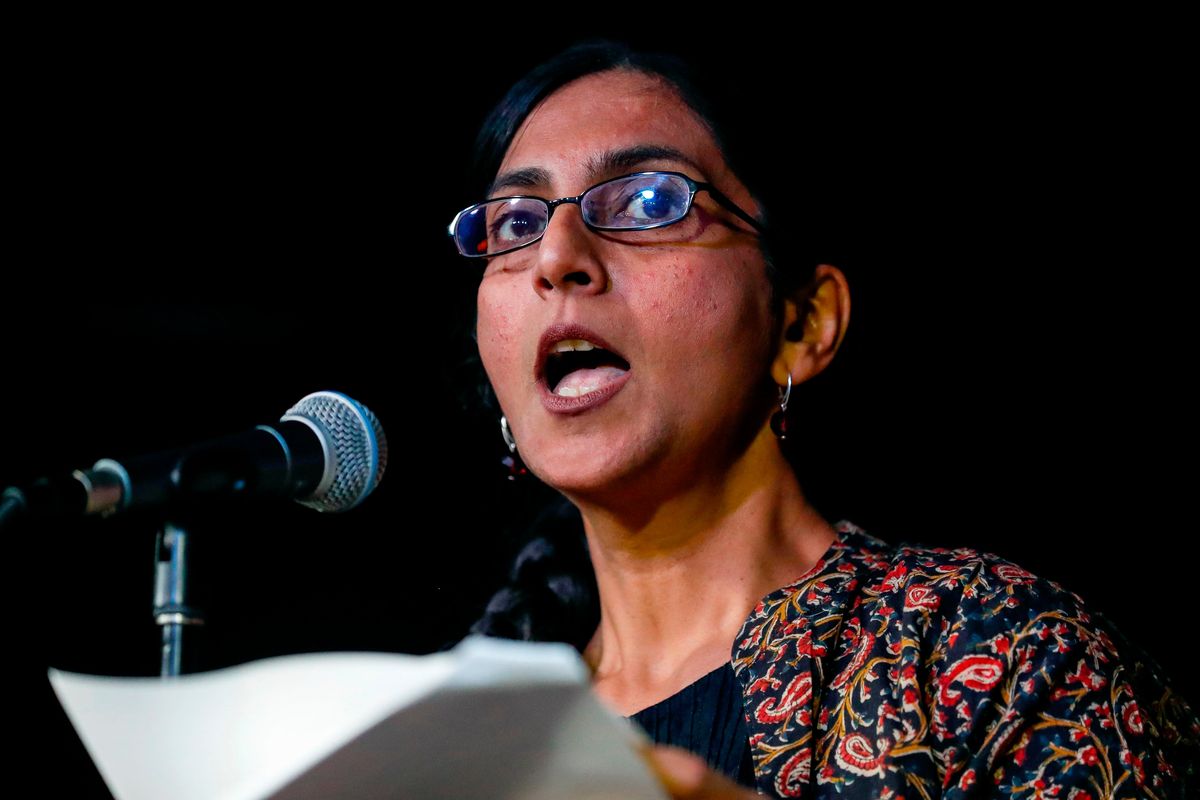 Seattle Councilmember Kshama Sawant speaks to supporters Tuesday in Seattle.  (Associated Press)