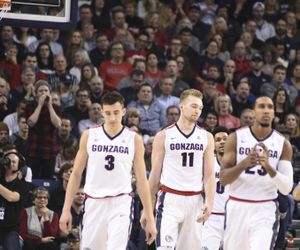 Gonzaga forward Domantas Sabonis (11) reacts to a foul call against him while facing Saint Mary's during the second half of a college basketball game on Saturday, Feb 20, 2016, at The McCarthey Athletic Center in Spokane, Wash. (Tyler Tjomsland / The Spokesman-Review)