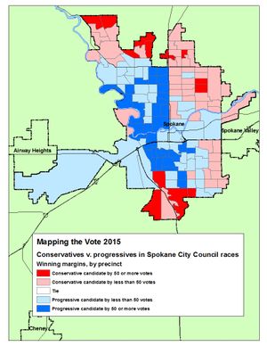 This map shows the winning vote margins for conservative and progressive candidates in the Spokane City Council races based on the Wednesday evening vote count. (Jim Camden/Spokesman-Review)