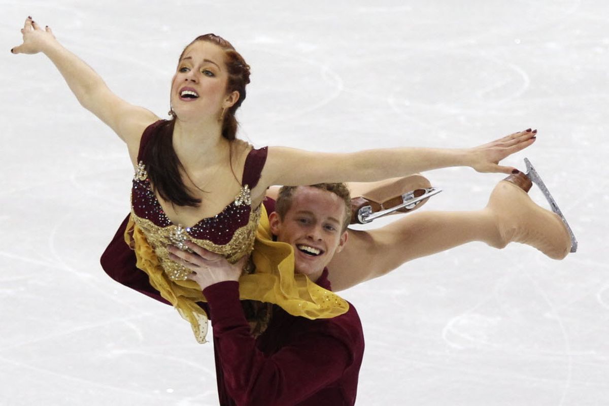 Emily Samuelson and Evan Bates of the United States perform their free dance during the ice dance figure  skating competition at the Vancouver 2010  Olympics in Vancouver, British Columbia, Monday, Feb. 22, 2010. 
  (Associated Press)
