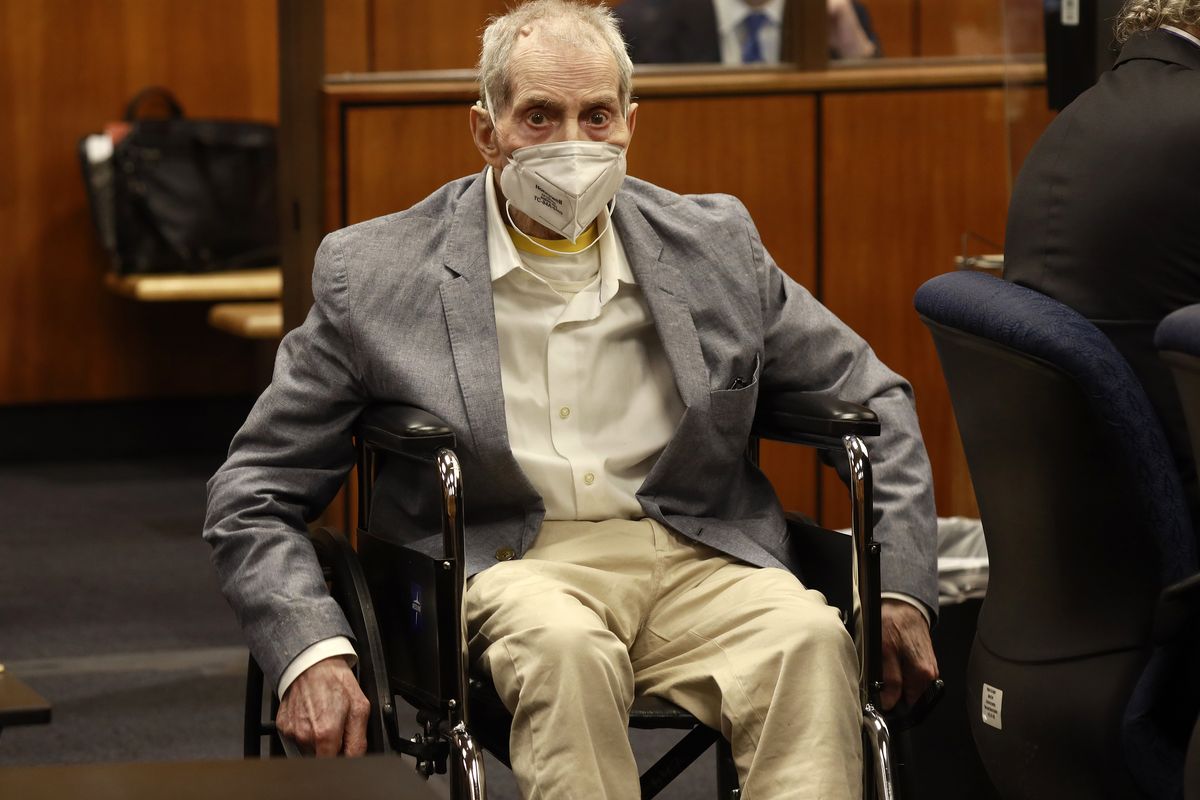 Robert Durst in his wheelchair spins in place as he looks at people in the courtroom as he appears in a courtroom in Inglewood, Calif. on Wednesday, Sept. 8, 2021, with his attorneys for closing arguments presented by the prosecution in the murder trial of the New York real estate scion who is charged with the longtime friend Susan Berman