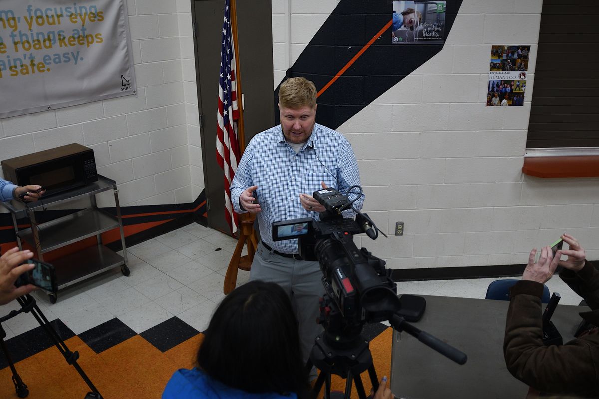 West Bonner County School District Superintendent Branden Durst answers questions from reporters Wednesday night at Priest River Lamanna High School.  (Colin Tiernan/The Spokesman-Review)