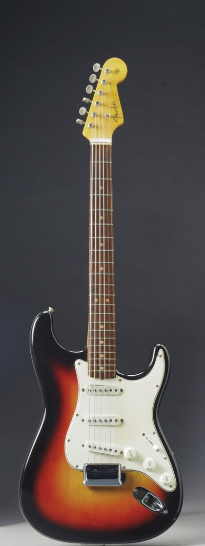 Bob Dylan’s sunburst Fender Stratocaster. (Associated Press)