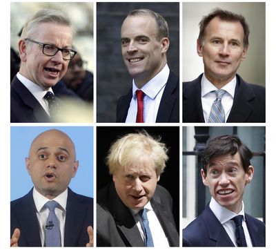 This combination photo made up of file photos, shows the remaining six contenders in the Conservative Party leadership race on Friday. Top from left: Michael Gove, Dominic Raab, Jeremy Hunt, and bottom from left: Sajid Javid, Boris Johnson, Rory Stewart. (Associated Press)