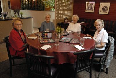 West Valley graduates of 1940 Dorothy Penniman, Ruth VanBelle, Ruby Witham and Dolores Keck have known each other since kindergarten and have been meeting for  monthly luncheons for decades. They’re shown here  Oct. 20 at Percy’s in Spokane Valley.  (J. BART RAYNIAK / The Spokesman-Review)