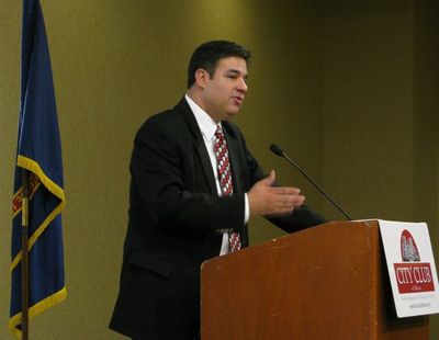 Idaho Congressman Raul Labrador addresses the Boise City Club on Tuesday. (Betsy Russell)